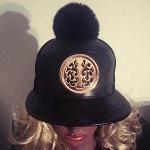 Black Club Hat with Gold Accoutrments and Fur Pon-Pon